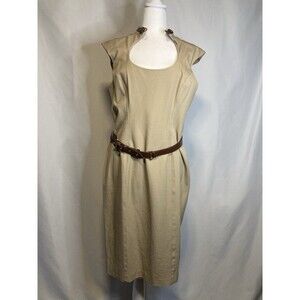 Cache Bodycon Sheath Dress Womens 14 Gold Buckle Embellishment Beige Tan Belted